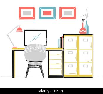 Interior in Scandinavian style. Workplace with a computer. Sketch of the interior. Vector illustration. Stock Vector