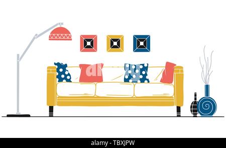 Interior in Scandinavian style. Part of the livingroom. Hand drawn vector illustration of a sketch style. Stock Vector