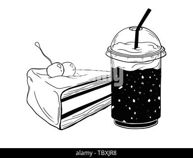 Cup with a drink and a piece of cake. Dessert isolated on white background. Vector Stock Vector