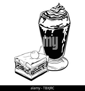 Cup with a drink and a piece of cake. Dessert isolated on white background. Vector Stock Vector