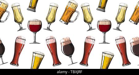 Seamless pattern with different glasses with beer, different mugs of beer. Vector illustration of a sketch style. Stock Vector