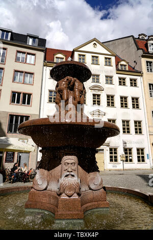 Lipsia Fountain in old city center, Kleine Fleischergasse, Leipzig, Germany Stock Photo