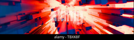 Abstract energy internet data tunnel background of colorful diverging radiating rods or geometric rectangular pillars in red, blue and orange in a ful Stock Photo