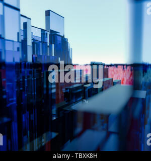 Abstract cityscape of three dimensional blue and red rectangular glass polygons against a blue sky with glow on the horizon Stock Photo