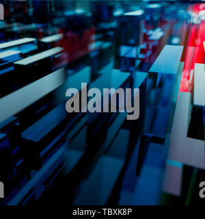 Abstract blue glass 3d geometric background pattern in red and blue of cubic glass polygons in random stacked formation in a receding perspective with Stock Photo