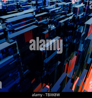 Abstract cityscape of three dimensional blue and red rectangular glass polygons against a blue sky with glow on the horizon Stock Photo