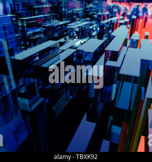 Abstract cityscape of three dimensional blue and red rectangular glass polygons against a blue sky with glow on the horizon Stock Photo