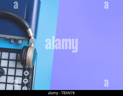 Computer Music Home setup recording equipment studio top view flat lay Stock Photo