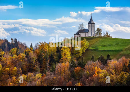 Autumn panorama with Saints Primus and Felician Church on top of hill in Slovenian countryside, Slovenia Stock Photo