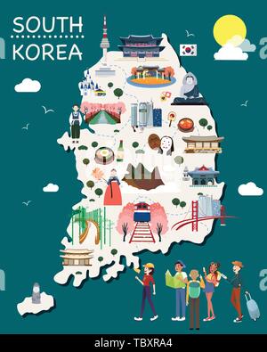 Map Of Korea Attractions Vector And Illustration. Stock Vector