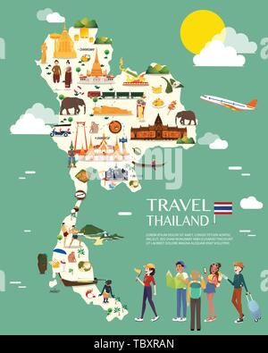Thailand map with colorful landmarks illustration design Stock Vector