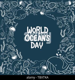 World Oceans Day. outline vector of marine life in the ocean with doodle style for celebration dedicated to help protect, and conserve world oceans, w Stock Vector