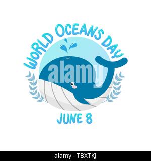 vector of logo for world ocean day with whale spray water in circle.  world ocean day on June 8 for celebration dedicated to help protect, and conserv Stock Vector