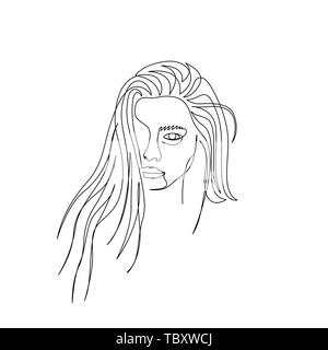 Continuous one line bautiful woman face with long hair. Art Stock Vector