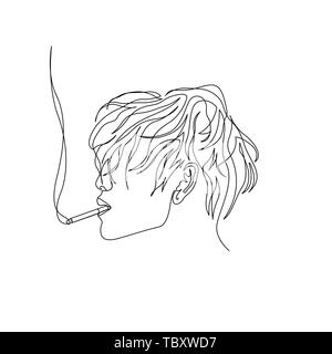 Continuous one line man with wavy hair smoking cigarette, side view. Art Stock Vector