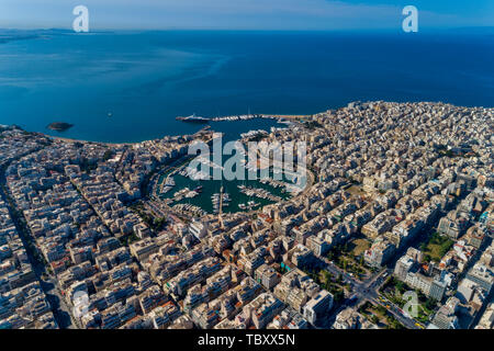 Aerial drone panoramic photo of Piraeus and Marina of Zea (pasalimani) in daylight, Attica, Greece. Stock Photo
