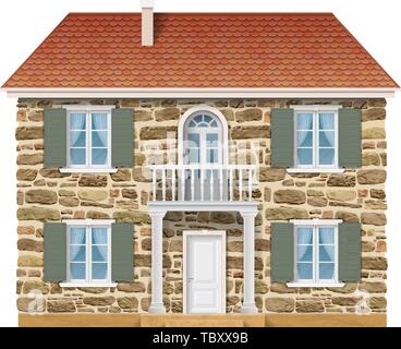 Old country house with a stone wall. Stock Vector