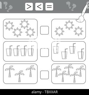 Learning mathematics, numbers - choose more, less or equal. Tasks for children, worksheet for kids. Count how many summer items - coloring book Stock Vector