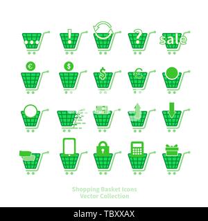 Shopping basket icons vector set for web and print, online shop symbols, in green and white. Stock Vector