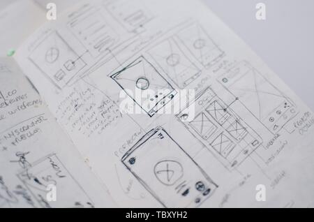 Closeup shot of UI/UX draft sheet drawings in a copybook Stock Photo