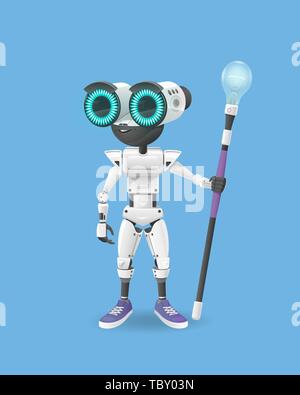 The cute white robot with big round eyes it stands and holds a stick with a shining bulb the robot is isolated on a blue background. Stock Vector