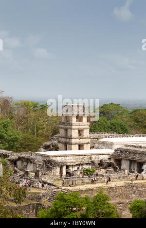 Palenque Mexico - tourists at the Palace in the centre of the ruined mayan UNESCO world heritage site, Palenque, Yucatan, Mexico Central America Stock Photo