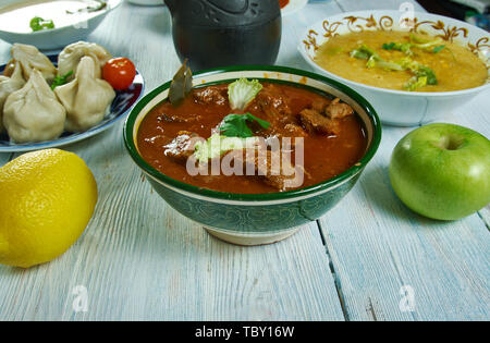 Kolhapuri tambda rassa, Red Mutton Curry,  Maharashtrian national  cuisine, Traditional assorted Asia dishes, Top view. Stock Photo