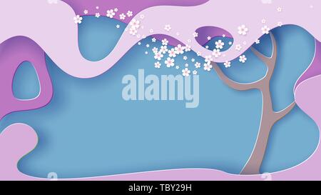 Hello spring card. Stylized trees with flowers on wave background. Vector paper design illustration Stock Vector