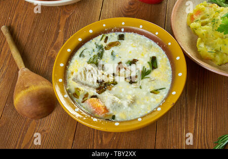 Gentse Waterzooi,  stew dish, Belgian national  cuisine, Traditional assorted Asia dishes, Top view. Stock Photo