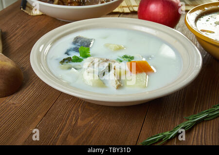 Belgian Flemish Fish Soup, national  cuisine, Traditional assorted Asia dishes, Top view. Stock Photo