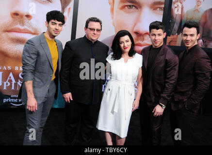 Los Angeles, California, USA 3rd June 2019 Singer Joe Jonas, father Paul Kevin Jonas Sr., mother Denise Miller Jonas, singer Nick Jonas and singer Kevin Jonas of The Jonas Brothers attend the World Premiere of Jonas Brothers Chasing Happiness on June 3, 2019 at Regency Bruin Theater in Los Angeles, California, USA. Photo by Barry King/Alamy Live News Stock Photo