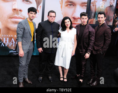 Los Angeles, California, USA 3rd June 2019 Singer Joe Jonas, father Paul Kevin Jonas Sr., mother Denise Miller Jonas, singer Nick Jonas and singer Kevin Jonas of The Jonas Brothers attend the World Premiere of Jonas Brothers Chasing Happiness on June 3, 2019 at Regency Bruin Theater in Los Angeles, California, USA. Photo by Barry King/Alamy Live News Stock Photo