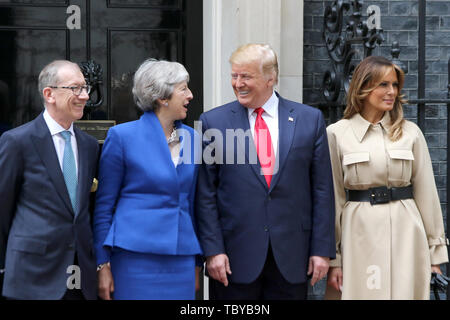 Philip May, British Prime Minister Theresa May, U.S. President Donald Trump and U.S. First Lady Melania Trump pose outside 10 Downing Street in London, England. President Trump's three-day state visit began with lunch with the Queen, followed by a State Banquet at Buckingham Palace, whilst today he will attend business meetings with the Prime Minister and the Duke of York, before travelling to Portsmouth to mark the 75th anniversary of the D-Day landings. JUNE 4th 2019 REF: MES 192039   Credit: Matrix/MediaPunch ***FOR USA ONLY*** Stock Photo