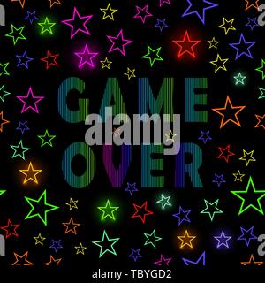 Retro Game Over Neon Sign on Starry Background. Gaming Concept. Video Game Screen Stock Vector