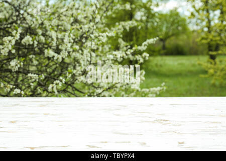 Wooden table in beautiful garden on spring day Stock Photo