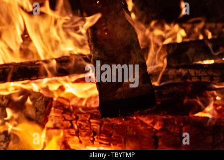 Big campfire with blazing flames Stock Photo