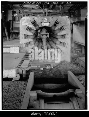 No. 2 outside diameter submerged arc welder of the saw line in bay 8 of the main pipe mill building looking south.  U.S. Steel National Tube Works, Main Pipe Mill Building, Along Monongahela River, McKeesport, Allegheny County, PA Carnegie, Andrew Stock Photo