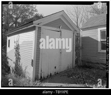 North (front) and east elevations of garage. View looking southwest.  Horace Webster House, 39 Central Street, Franklin, Merrimack County, NH Stock Photo