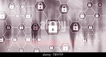 Corporate Security. Business protection. Locks on the virtual screen. Stock Photo