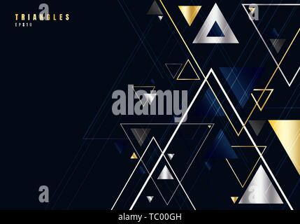 Abstract gold and silver triangles shape and lines on black background for business luxury style. Geometric design element for elegant with copy space Stock Vector