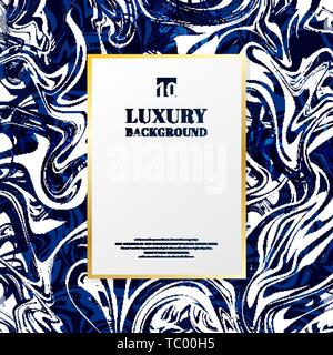 Template gold rectangle frame with space for text on blue and white marble background and texture. Luxury style. Vector illustration Stock Vector