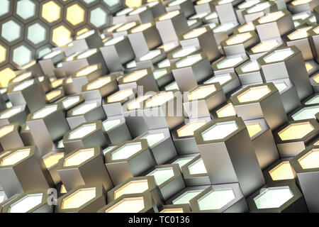 Golden hexagonal metallic background, three-dimensional rendering Stock Photo