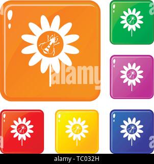 Bee on flower icons set vector color Stock Vector