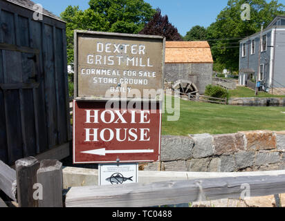 Signs for scenic Dexter Grist Mill and the Hoxie House in Sandwich, Cape Cod, Massachusetts USA Stock Photo