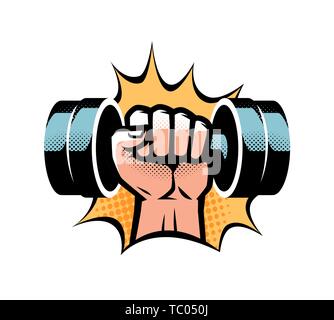 Arm with dumbbell. Gym club logo. Vector illustration isolated on white background Stock Vector
