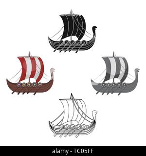 Viking s ship icon in cartoon,black design isolated on white background. Vikings symbol stock vector illustration. Stock Vector