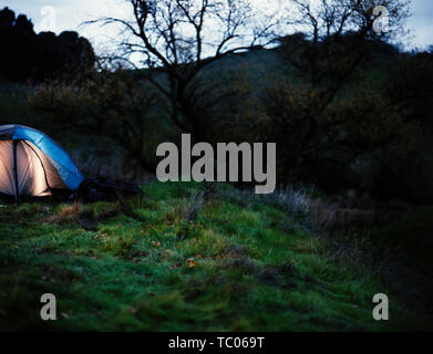 Illuminated dome tent pitched in a grassy paddock. Stock Photo