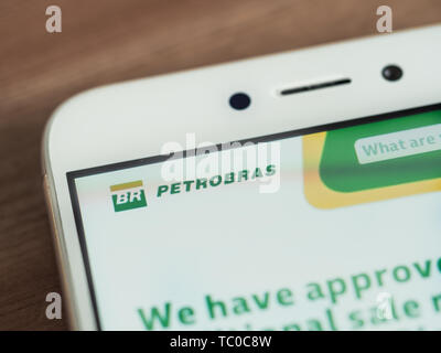 Moscow, Russia - June 03, 2019: Petrobras logo on smartphone screen. Logo of Petrobras company on main page of site. Selective focus. Stock Photo