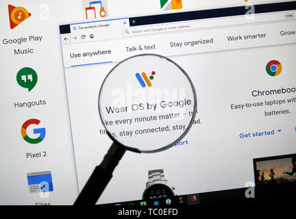 MONTREAL, CANADA - APRIL 26, 2019: Wear OS by Google logo and app on a home page. Google is an American multinational technology company that speciali Stock Photo
