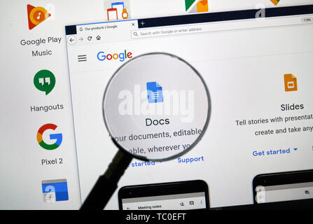 MONTREAL, CANADA - APRIL 26, 2019: Google Docs logo and app on a home page. Google is an American multinational technology company that specializes on Stock Photo